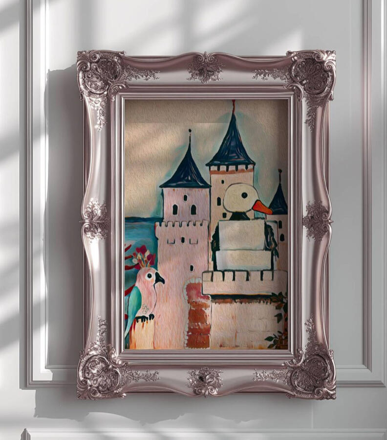 A matt metallic pink vintage picture frame on white wall, containing an illustration of A vintage-style illustrated card titled “Winter,” showing a duck-like robot and a pink parrot before a medieval castle.