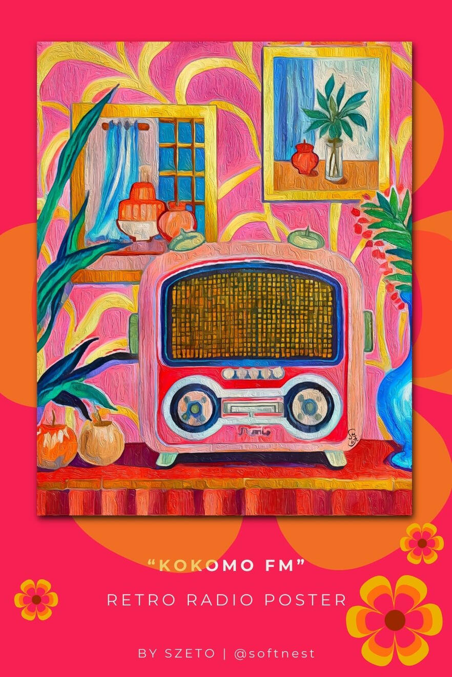 Playful Illustration of a retro radio art poster on a shocking pink background, featuring saturated colors and a 1960s psychedelic tropical vibe.