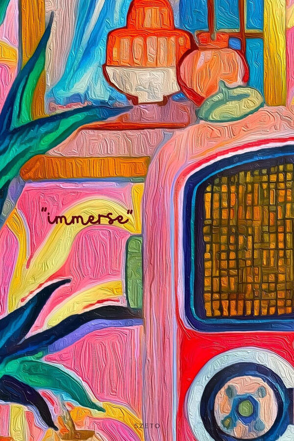 Macro shot of thick oil paint textures (impasto) super vibrant colours, showing rich layers of color and a tactile, artistic depth. Hover text “Collect the vibe on Spotify”.