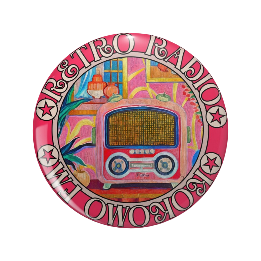 alright pink circular pinback button featuring the Kokomo FM retro radio art, embodying a portable vintage aesthetic.