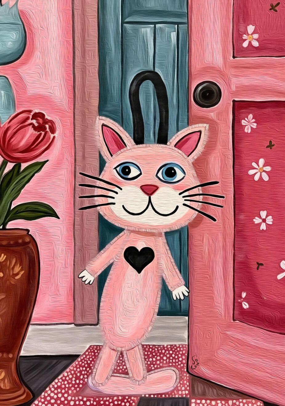 Playful Illustration of a pink cat with a black heart on a pink door background. Mischievous and inviting expression on its face, Signature of artist szeto at the corner of the door.
