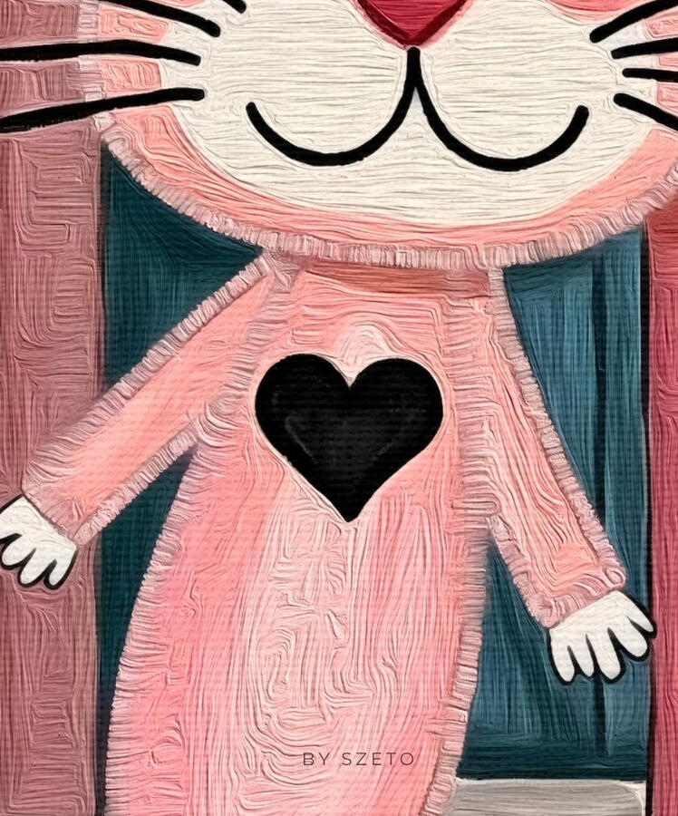 details view of a painting of a a pink cat artwork against a striped pink background. The cat has a mischievous and inviting expression on its face, and a black heart on its chest.. Hover text “Collect the vibe on Spotify”.