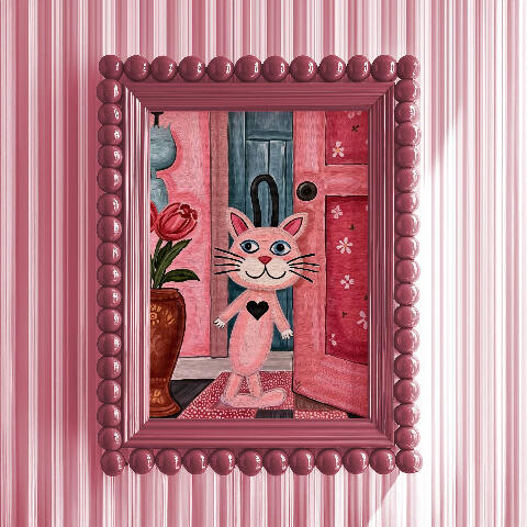 Framed mockup of a pink cat artwork displayed inside a glossy pink frame against a striped pink background. The cat has a mischievous and inviting expression on its face, and a black heart on its chest.