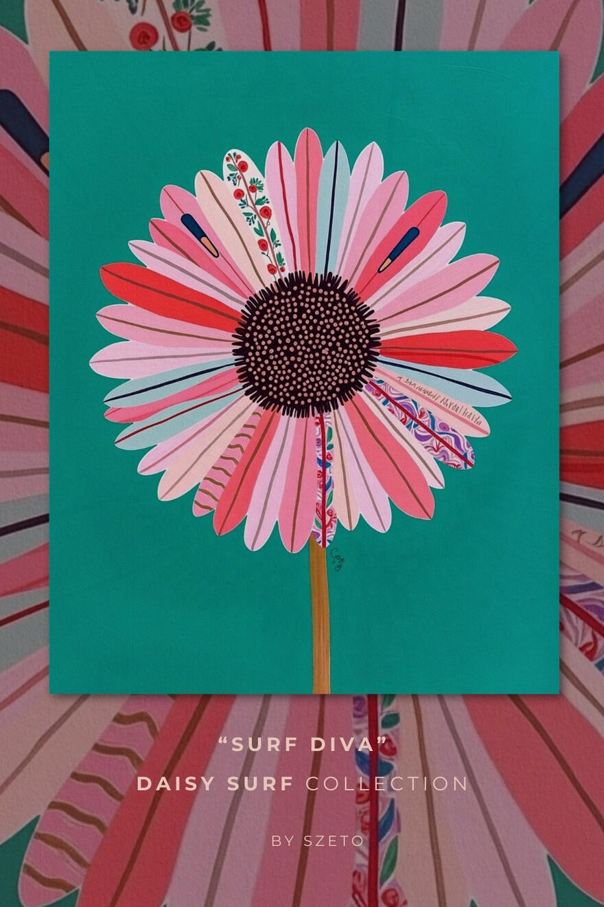 Acrylic art of a large stylized daisy with swirling petal patterns, vibrant pink and yellow core, surreal floral illustration, thick oil paint strokes.