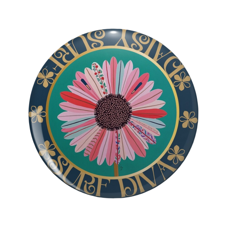 An ornate round pinback button close up, containing an illustration of a pink cat against a striped pink background. The cat has a mischievous and inviting expression on its face, and a black heart on its chest.
