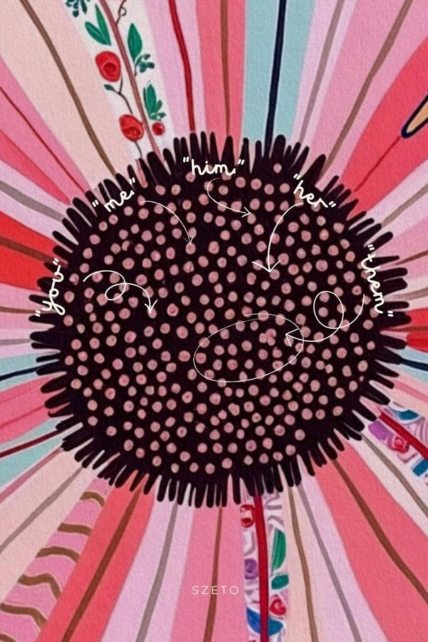 Macro view of a large stylized daisy with swirling petal patterns, vibrant pink and yellow core, surreal daisy floral illustration.