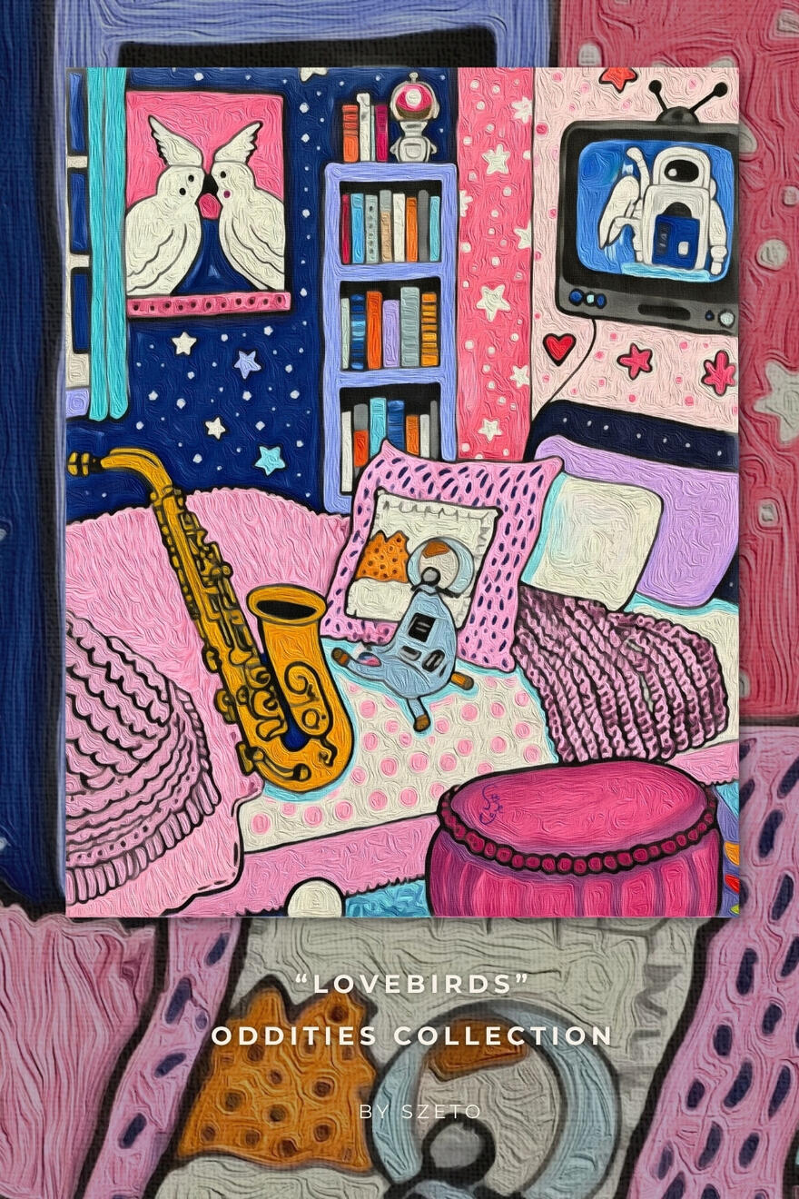 A colorful whimsical painting of a pink and navy bedroom scene with a saxophone, pillows, a bookshelf, a television showing an astronaut, and a framed painting of two white birds.. Text ‘by szeto @softnest' at the bottom.