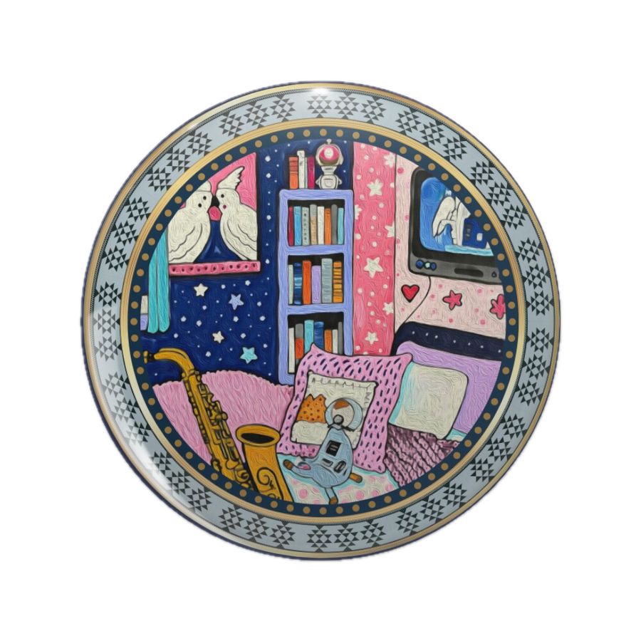An ornate round pinback button close up, containing an illustration of a whimsical bedroom with pink furnishings, a golden saxophone, starry walls, and decorative objects.