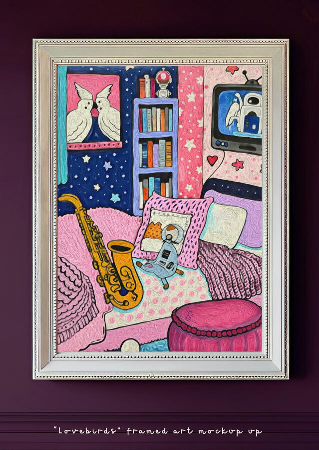 Framed mockup of a whimsical bedroom interior painting with pink furnishings, a golden saxophone, starry walls, and decorative objects. Matt silver frame and deep purple wall.