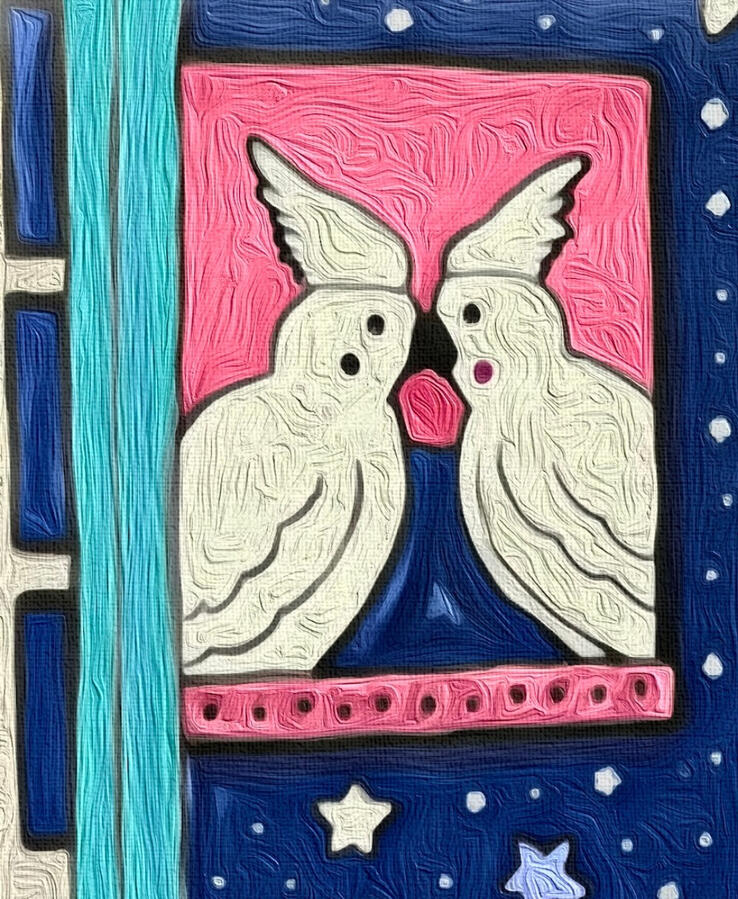 Close-up detail of a painting showing two white birds facing each other inside a pink-framed picture against a deep blue wall with stars. Hover text “Collect the vibe track on Spotify”.