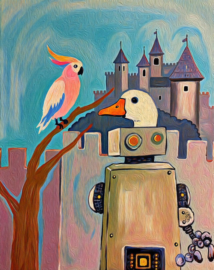 details view of a painting of a duck-like robot and a pink parrot before a medieval castle. Hover text “Collect the vibe on Spotify”.