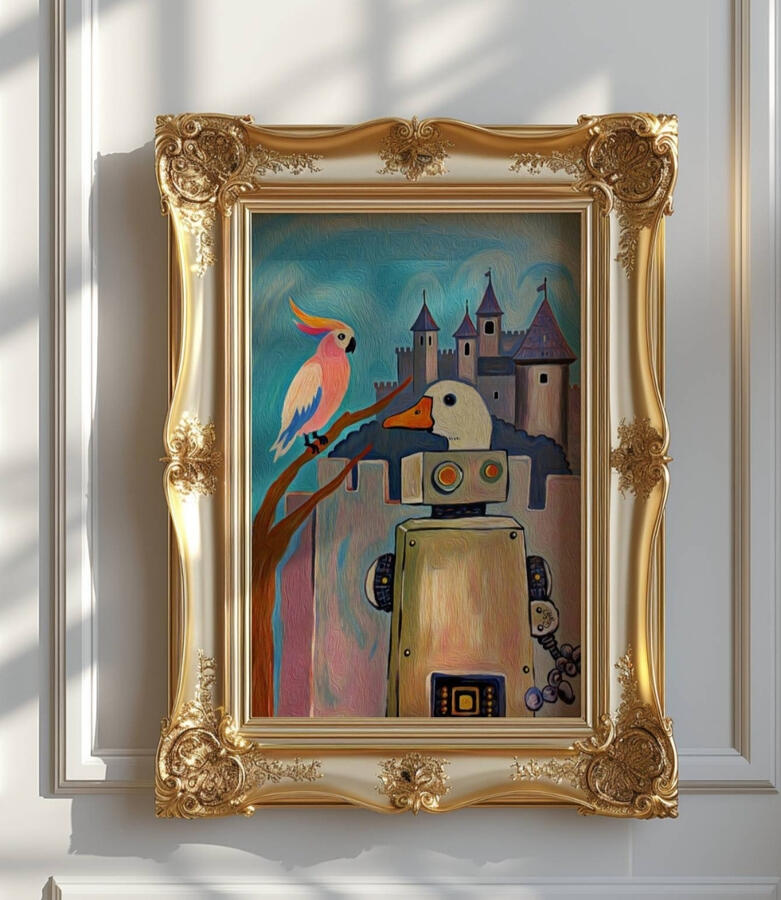 A matt gold vintage picture frame on white wall, containing an illustration of A vintage-style illustrated card titled “Confess,” showing a duck-like robot and a pink parrot before a medieval castle.