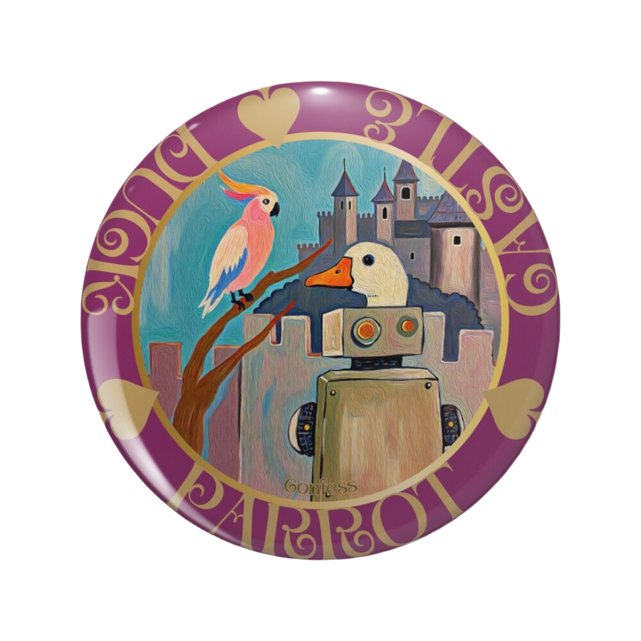 An ornate round pinback button close up, containing an illustration of A vintage-style illustrated card titled “Winter,” showing a duck-like robot and a pink parrot before a medieval castle.