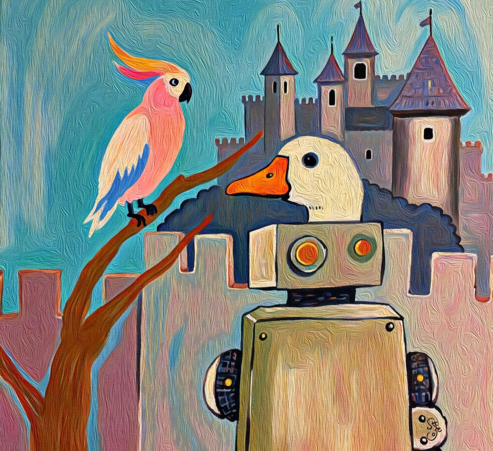 details view of a painting of a duck-like robot and a pink parrot before a medieval castle. Hover text “Collect the vibe on Spotify”.