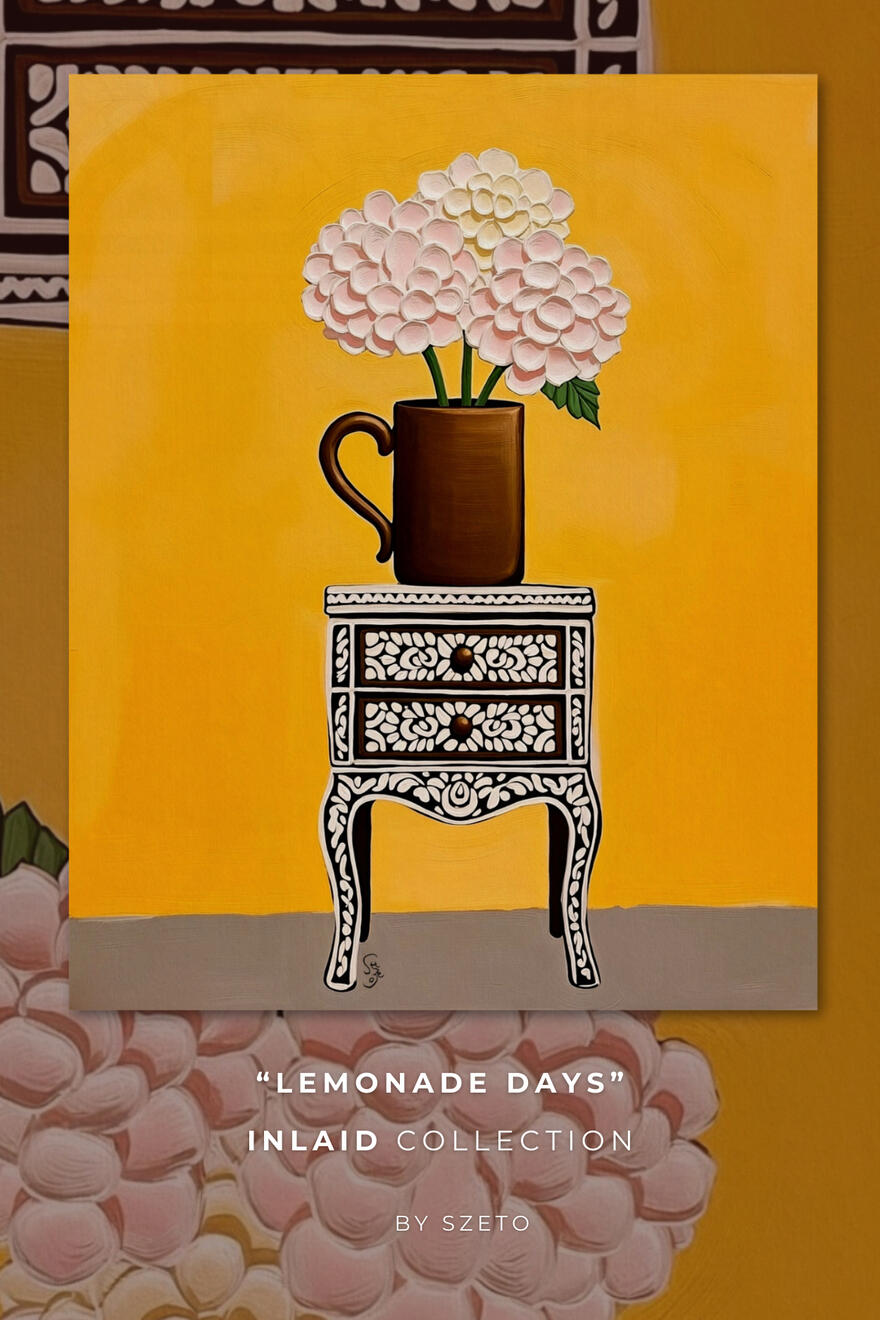 Painting of a brown mug with flowers on a decorative table against a yellow background, part of the 'Lemonade Days' Inlaid Collection by Szeto.