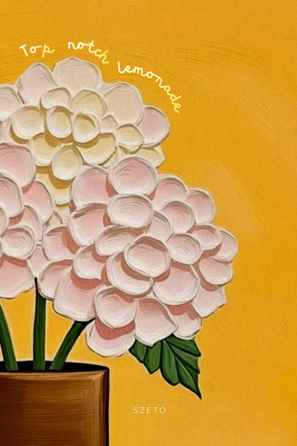A detailed tactile digital painting of flowers and a lemon-themed cabinet. The style is thick, oily, and rich in color.