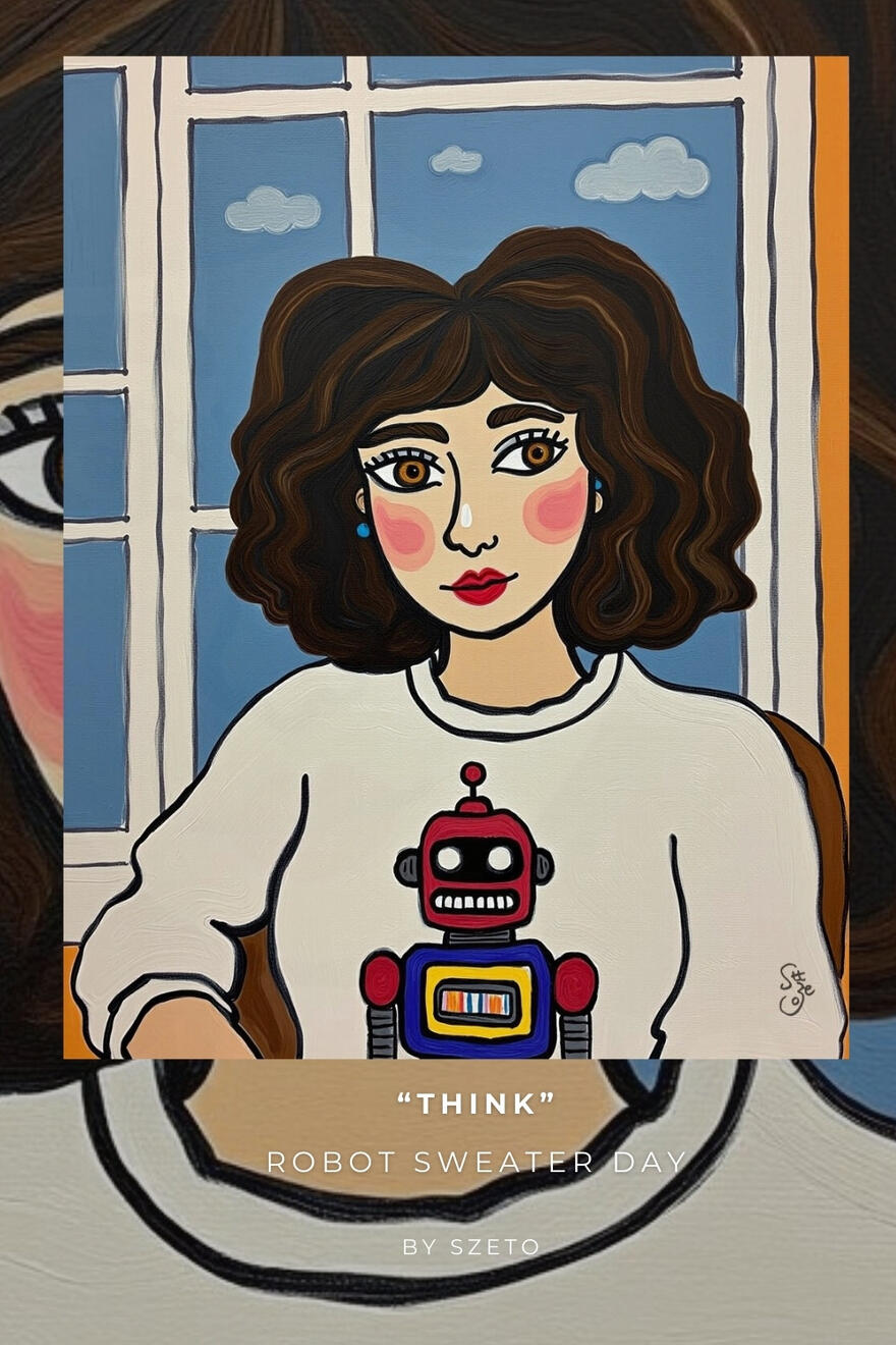 Digital art poster of a melancholic girl with short hair wearing a detailed robot pattern sweater, sitting by a window with fluffy white clouds, dreamy blue and white aesthetic, impasto texture.