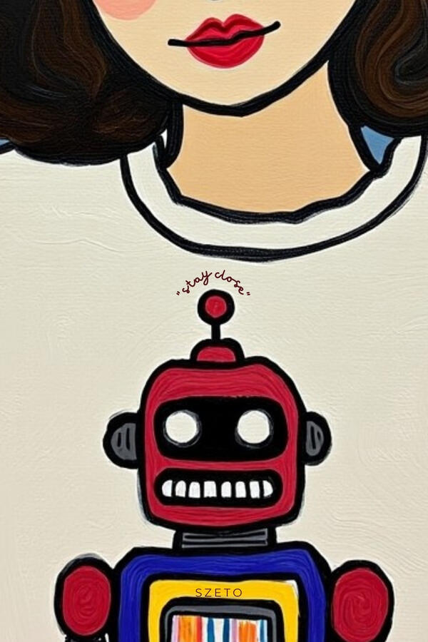 Close up of a melancholic girl with short hair wearing a detailed robot pattern sweater, sitting by a window with fluffy white clouds, dreamy blue and white aesthetic, impasto texture. subtle “Stay close” text around the antenna of the robot on her sweater