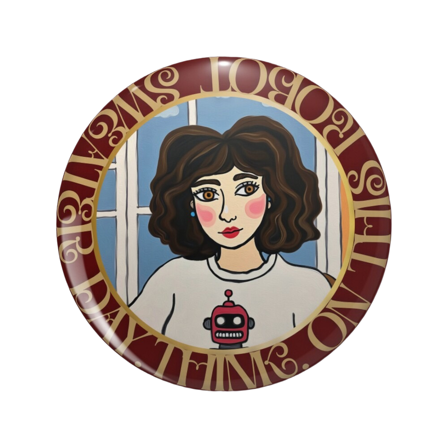 An ornate round pinback button close up, containing a a melancholic girl with short hair wearing a detailed robot pattern sweater, sitting by a window with fluffy white clouds, dreamy blue and white aesthetic, impasto texture.