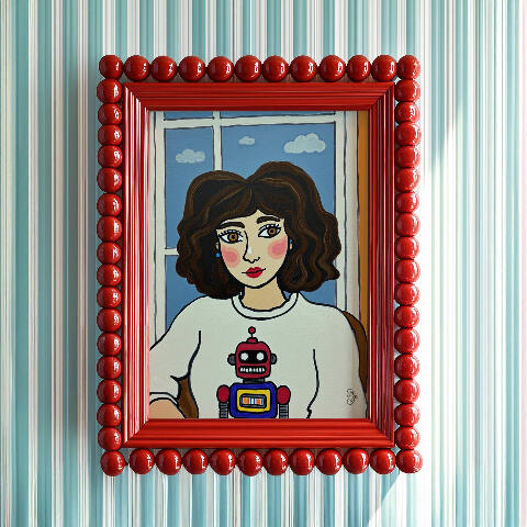 Framed art of a melancholic girl with short hair wearing a detailed robot pattern sweater, sitting by a window with fluffy white clouds, dreamy blue and white aesthetic, impasto texture. Red maximalist bubble frame on light blue wall.