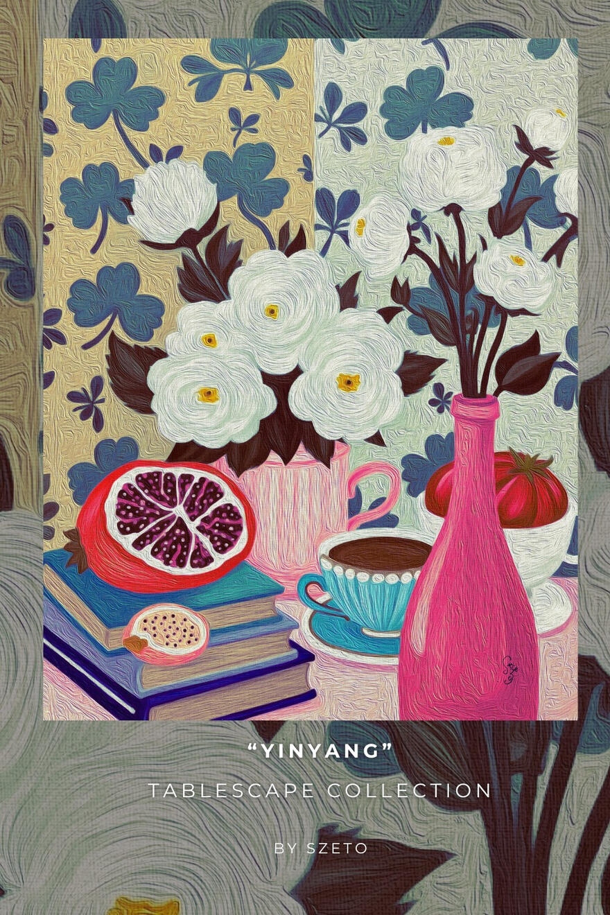 a tactile artwork featuring cosy tea table , pomegranate fruit, books and clover wallpaper background