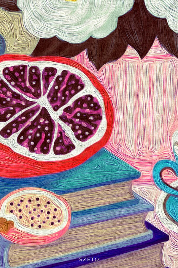 Close-up detail of a still life painting featuring a sliced grapefruit, stacked books, part of a pink pitcher, and a teacup in bright decorative colors.