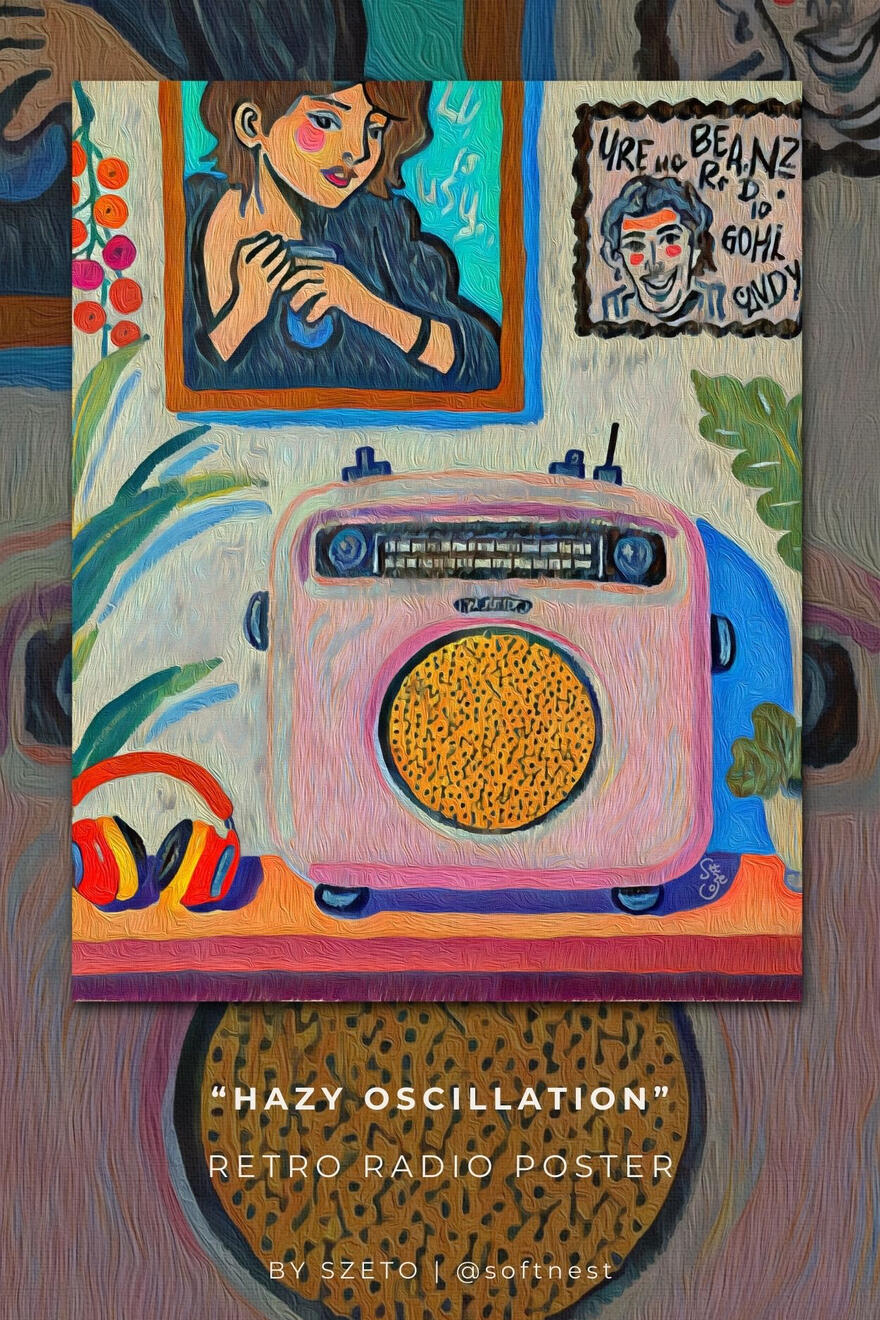 A vertical poster design showing a pink retro radio on a desk, with portraits and flowers on the wall behind it. Text “Hazy Oscillation” and “by szeto". The texture is rich and expressive.