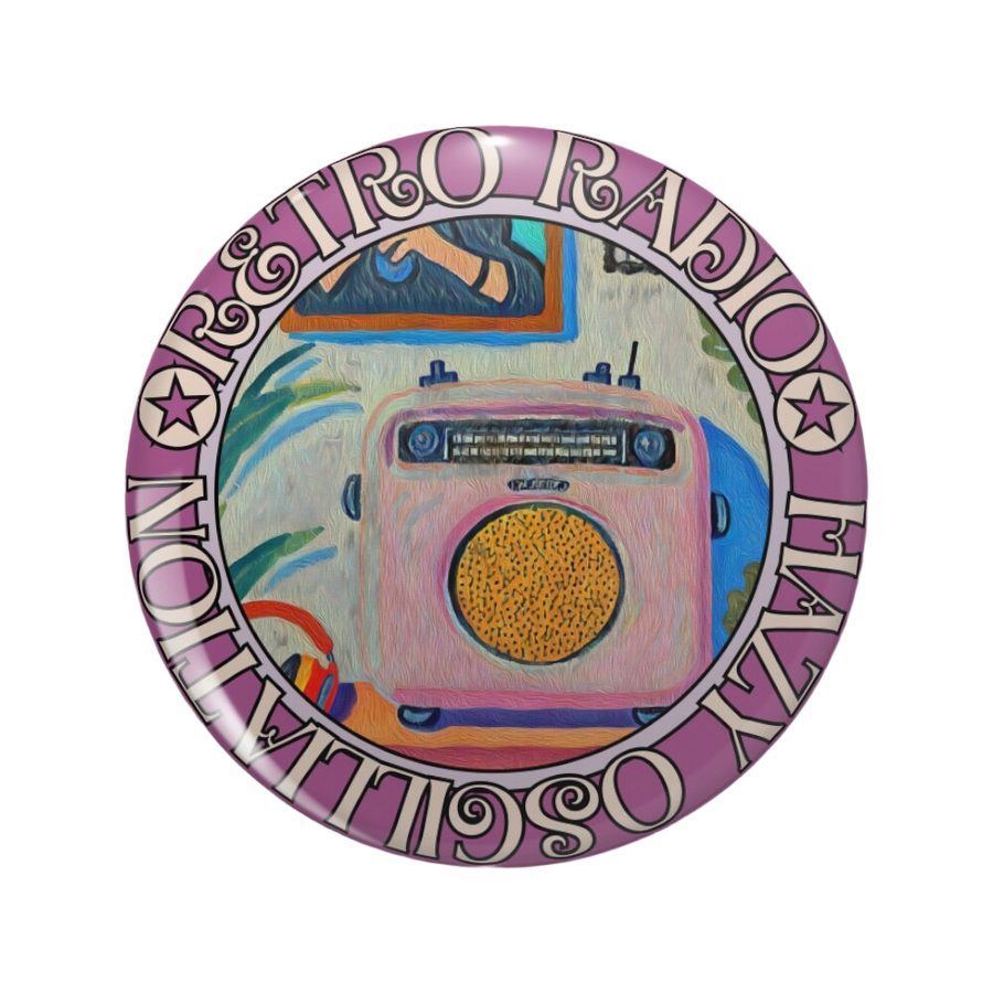 An ornate round pinback button close up, containing a vertical poster design showing a pink retro radio on a desk, with portraits and flowers on the wall behind it. The texture is rich and expressive.