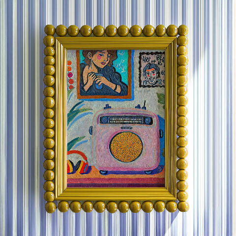 Framed mockup of A vertical poster design showing a pink retro radio on a desk, with portraits and flowers on the wall behind it. Text “Hazy Oscillation” and “by szeto". The texture is rich and expressive displayed in a mustard yellow bubble bead decora