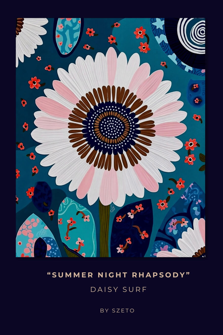 A vertical painting of white and pink flowers against a dark teal, patchwork with sun and wild flower motifs background.