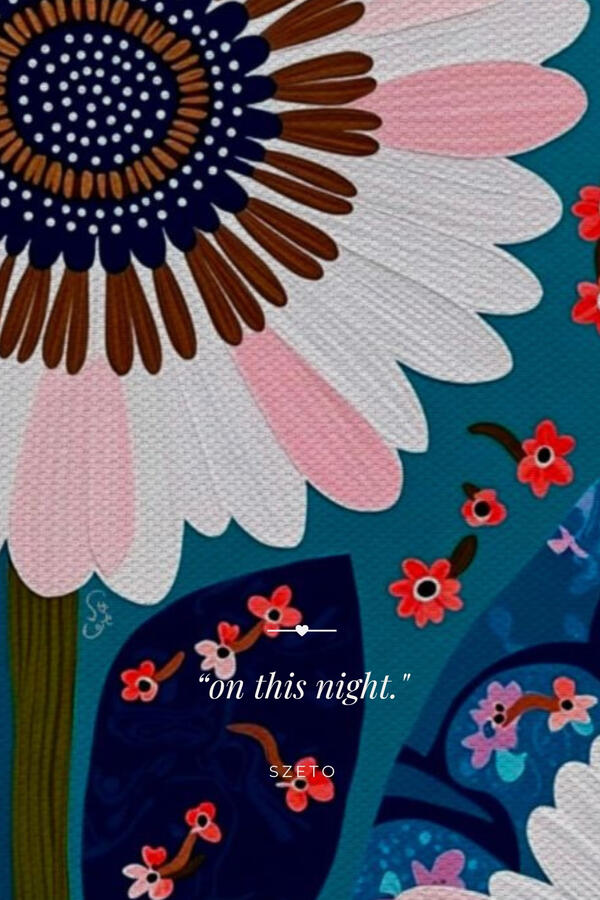 Detail of thick pink and white paint strokes forming a flower on a dark canvas. italic white text reads “on this night".