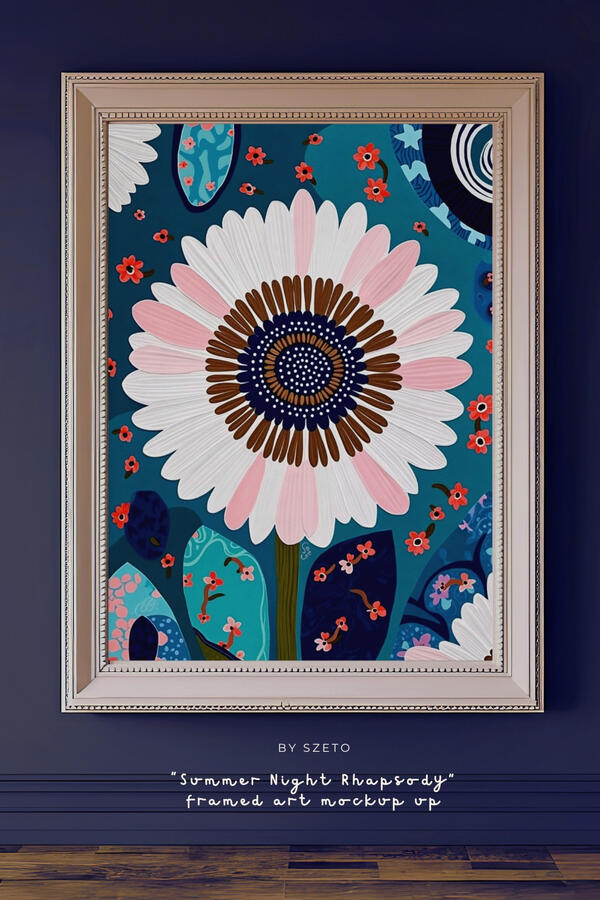 The Summer Night Rhapsody floral painting in a very light champagne gold frame hanging in a moody, dimly lit library or study.