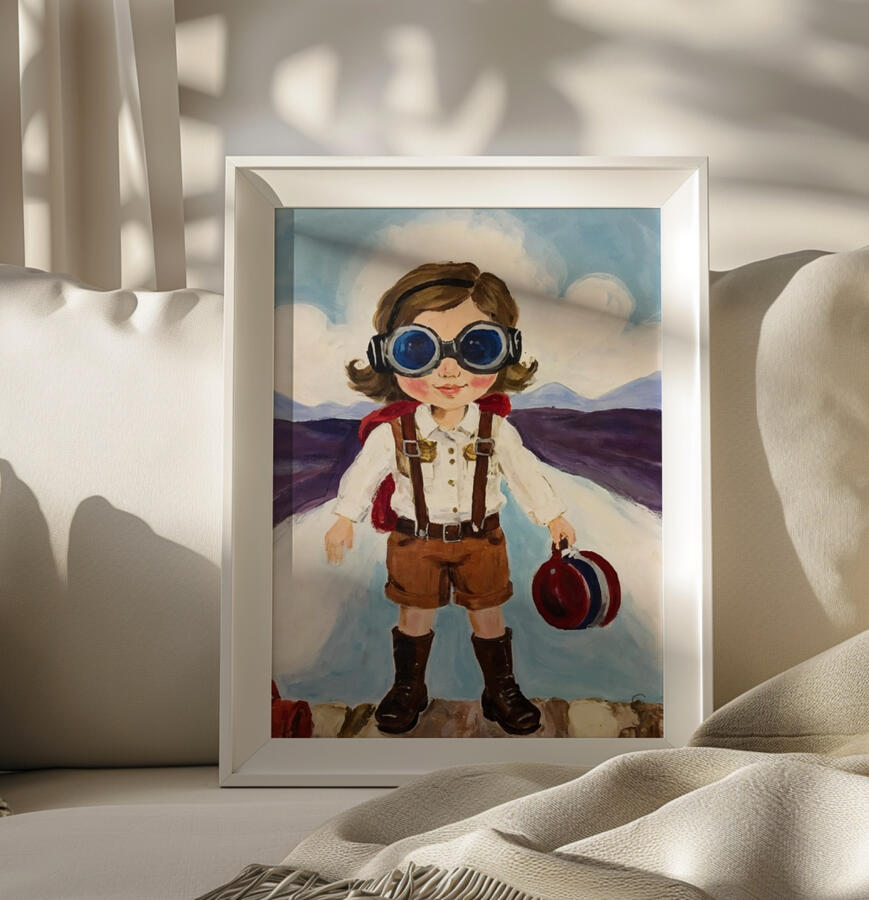 A framed whimsical painting of a self-image aviator girl character, wearing googles and holding a mini road handbag, hanging in a bright, modern cozy living room space.
