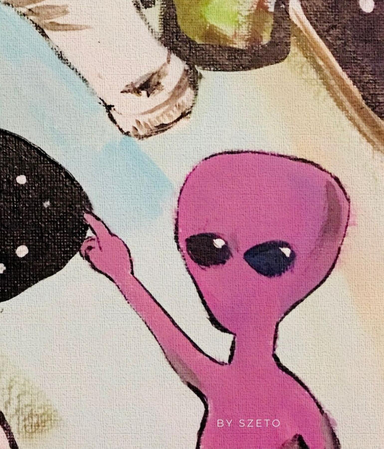 details view of a hand-drawn space scene with an astronaut, a small pink alien, black starry shapes, and a floating bottle-like object. It feels curious and slightly chaotic, like a strange little mission caught between play and confusion.. Hover text “Col