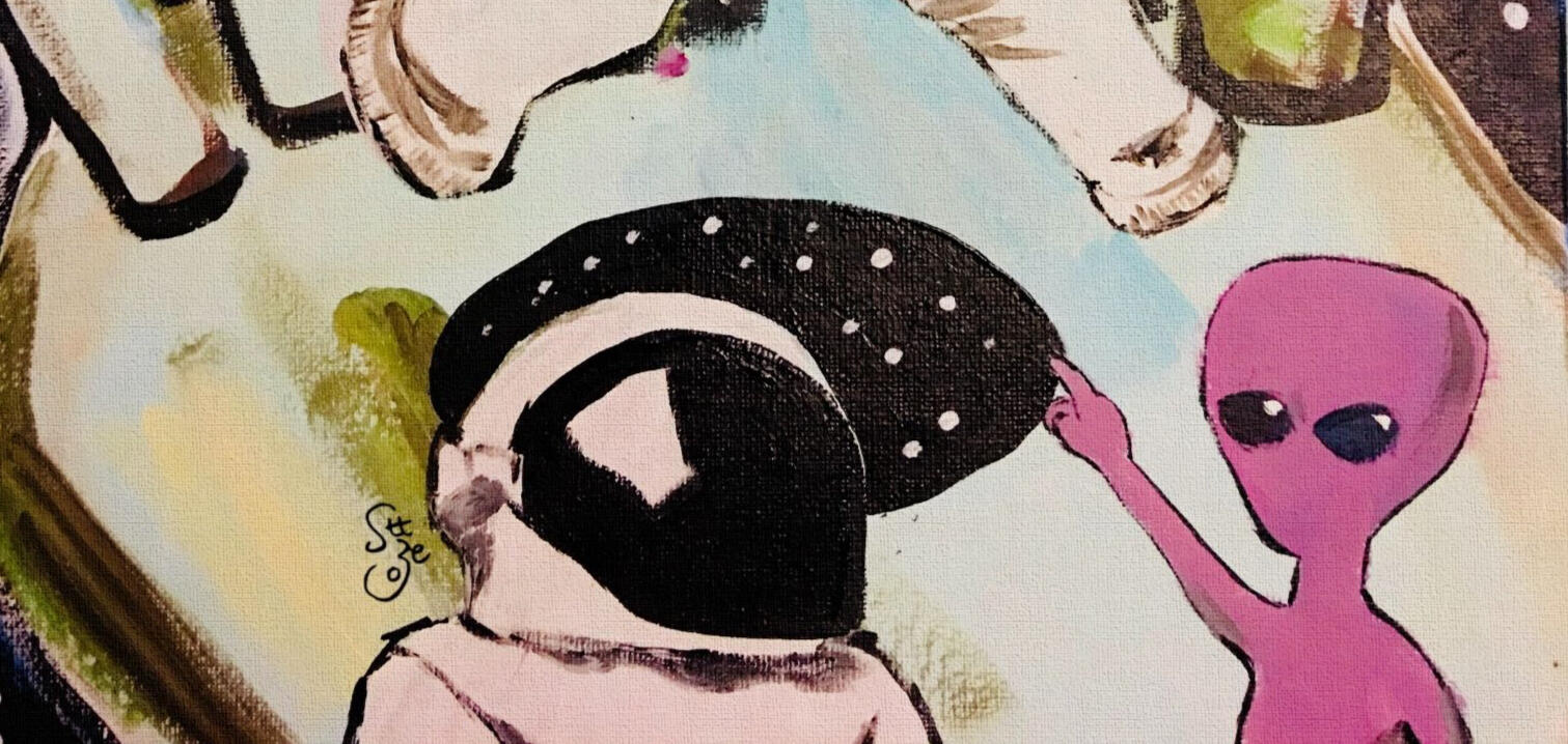 details view of a hand-drawn space scene with an astronaut, a small pink alien, black starry shapes, and a floating bottle-like object. It feels curious and slightly chaotic, like a strange little mission caught between play and confusion.. Hover text “Col