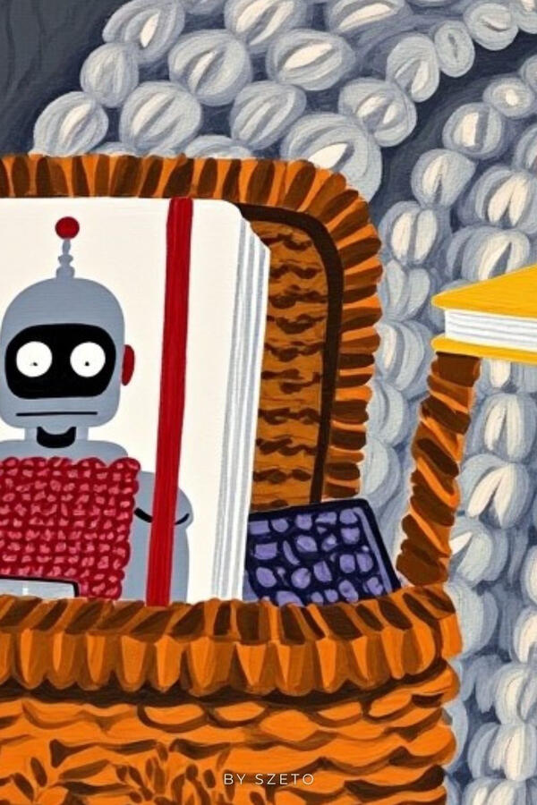 Detailed view of a cozy interior still life with a woven chair, robot book, diffuser, lamp, coffee cup, plant, and orange frame.. Hover text “Collect the vibe track on spotify’.