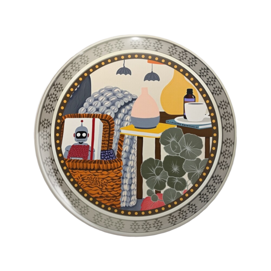 An ornate round pinback button close up, containing an illustration a cozy interior still life with a woven chair, robot book, diffuser, lamp, coffee cup, plant, and orange-yellow lamp.