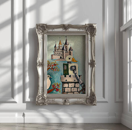 An ornate silver frame on a wall containing the duck and castle artwork. Text reads “New Era Duck Parrot Castle Ep.8.”