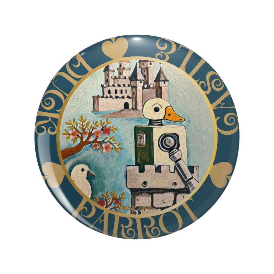 a circular pin featuring the szeto duck and castle artwork with warm tones. Text reads “New Era”