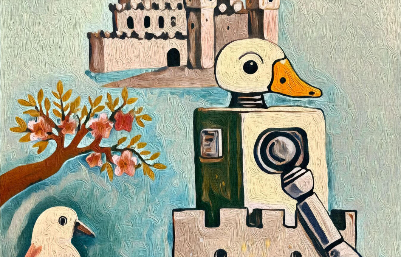 A painting of a duck standing on a castle structure with a parrot nearby, surrounded by soft blooming branches. Text reads “New Era Duck Parrot Castle.”. Hover text “Collect vibe track on Spotify."