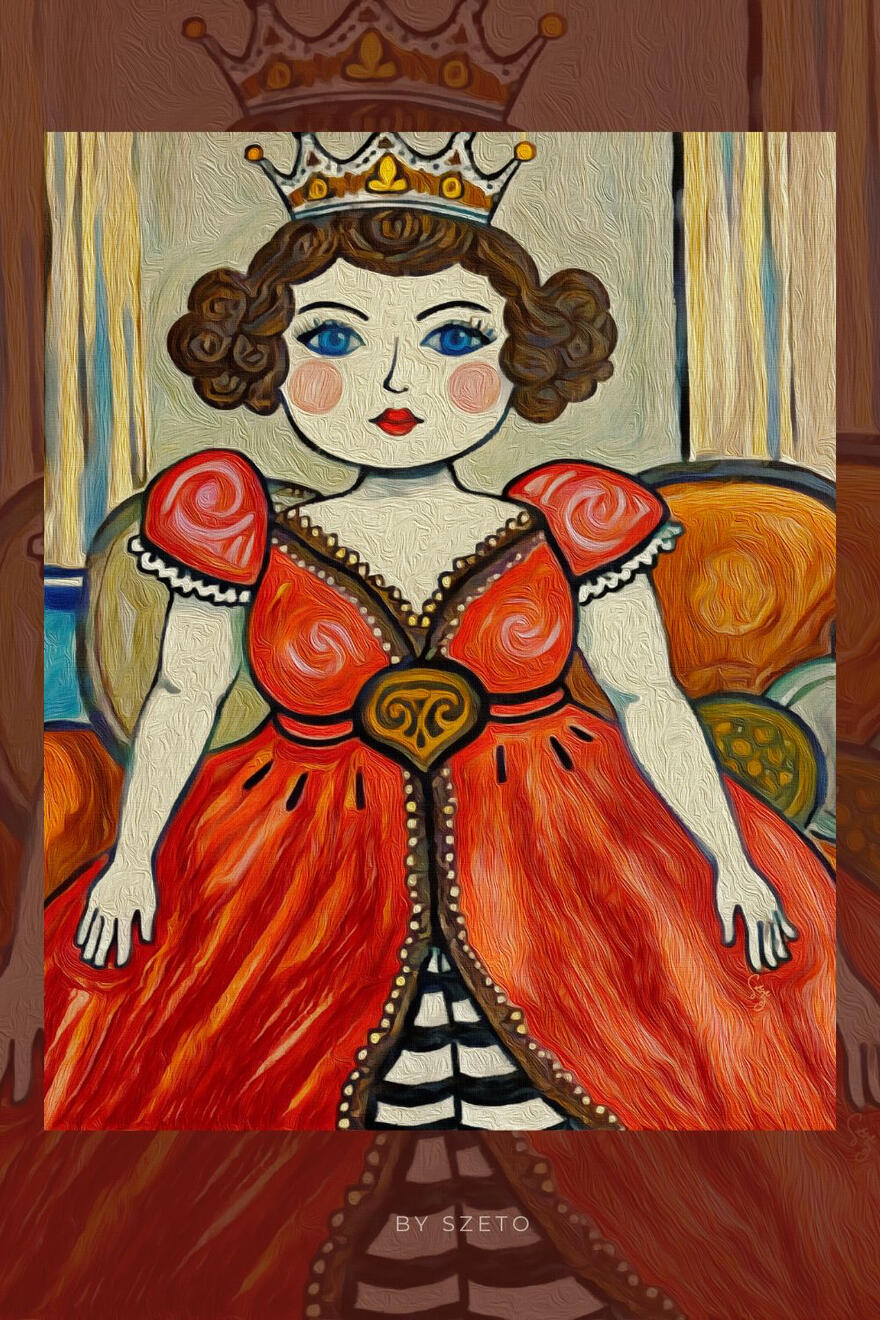 Acrylic art of A whimsical crowned queen figure with blue eyes, rosy cheeks, curled brown hair, and a vivid red-orange dress.. Text ‘by szeto' at the bottom.