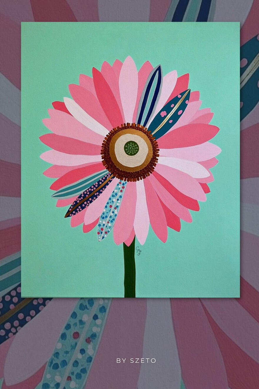 Acrylic art of a large stylized pink daisy with swirling dots and stripes patterns, vibrant layered bronzy core, surreal floral illustration. Text ‘by szeto' at the bottom.