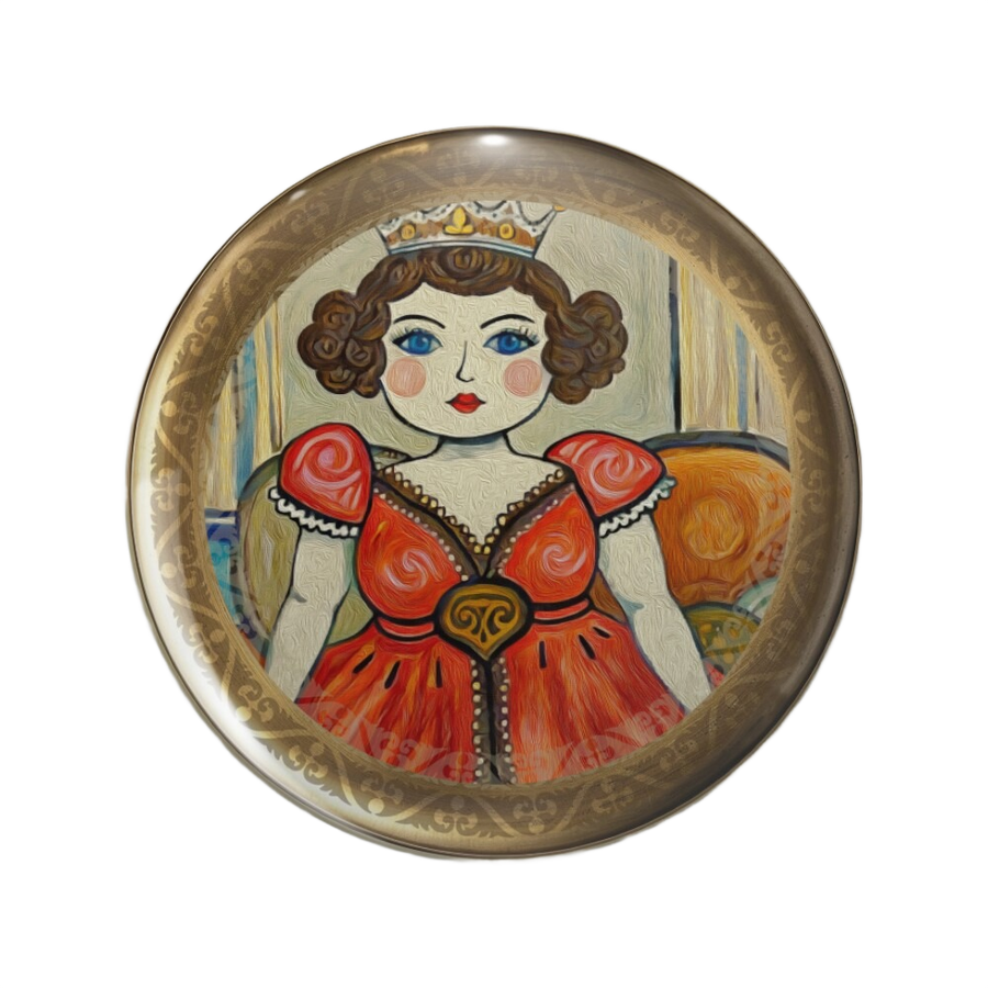 An ornate round pinback button close up, containing an illustration of a crowned queen figure showing one blue eye, curled brown hair, red lips, and orange dress detail.