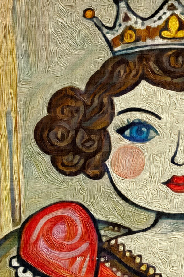 Close-up detail of a crowned queen figure showing one blue eye, curled brown hair, red lips, and orange dress detail.