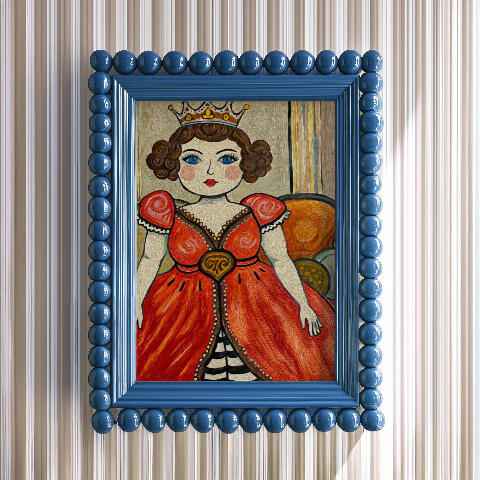 Framed mockup of a crowned queen portrait in a glossy blue bubble frame against a light striped background.