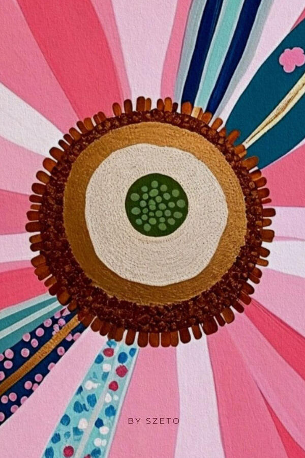 Close-up of a pink flower’s circular center with layered pink petals and patterned teal and blue petal details.. Hover text “Collect the vibe track on Spotify”.