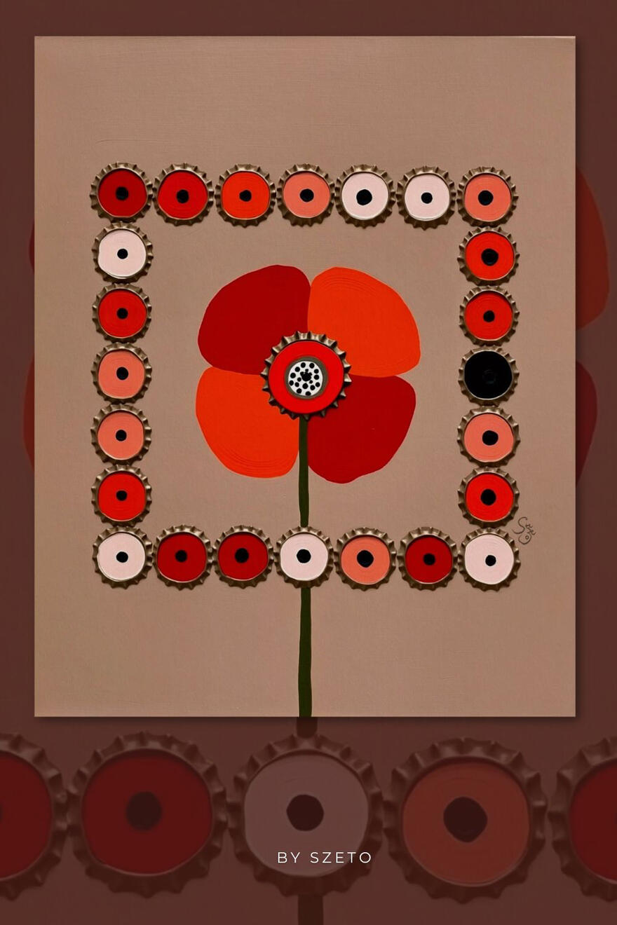 Artistic depiction of a red poppy flower surrounded by circular patterns on a beige background.Text ‘by szeto’ at the bottom.