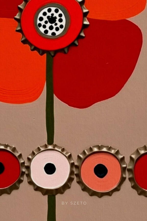 details view of a Artistic depiction of a red poppy flower surrounded by circular patterns on a beige background. Hover text “Collect the vibe track on Spotify’.